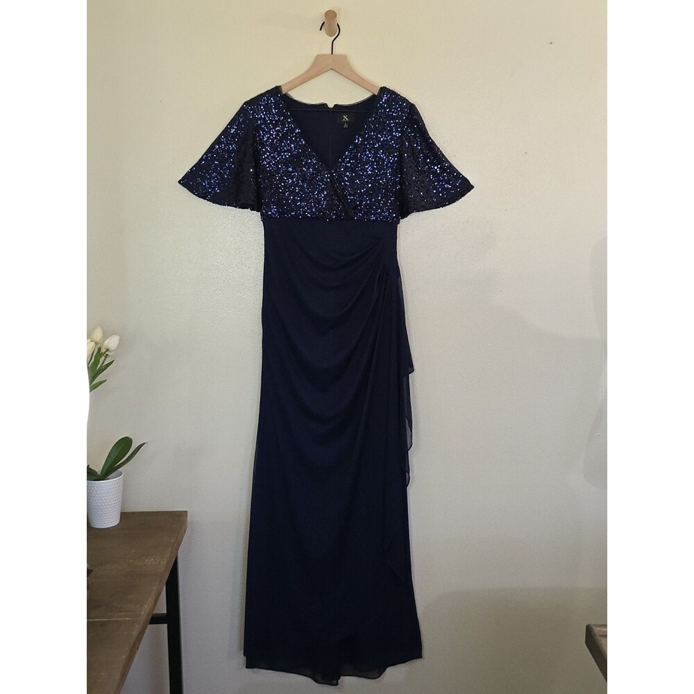 Xscape Navy Blue Sequin Ruffle Chiffon Maxi Dress V-Neck Flutter Sleeve Size 8 - Picture 4 of 11